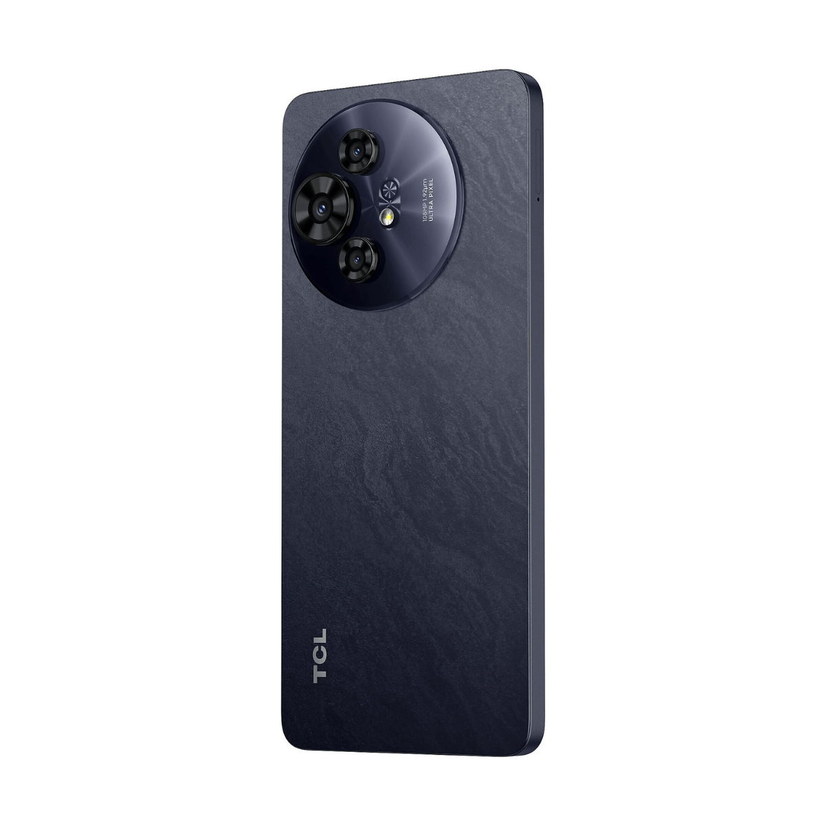 Donkerblauwe smartphone met drievoudige camera en TCL-logo.