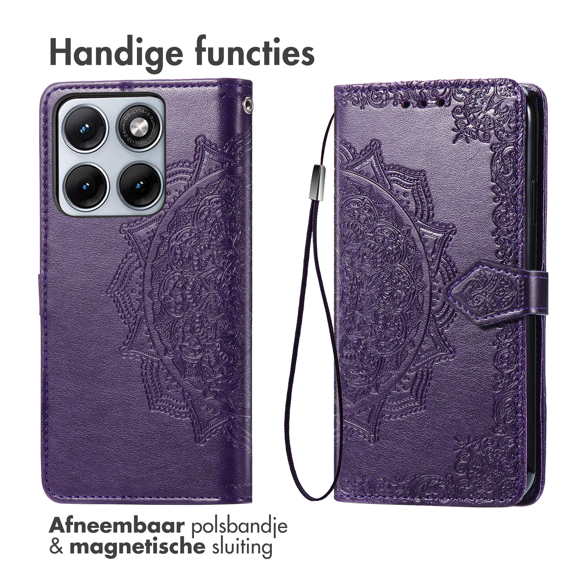 Paarse telefoonhoes met mandala-reliëf, camera-uitsparing en afneembare riem.