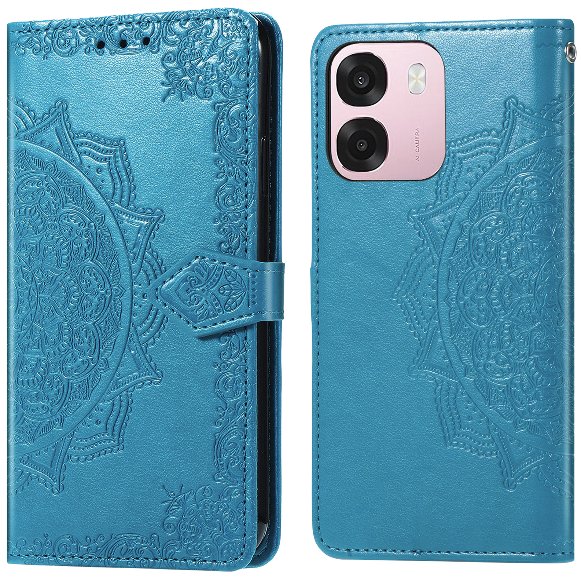 Blauwe leren telefoonhoes met reliëf mandalapatroon en cameralenzen.