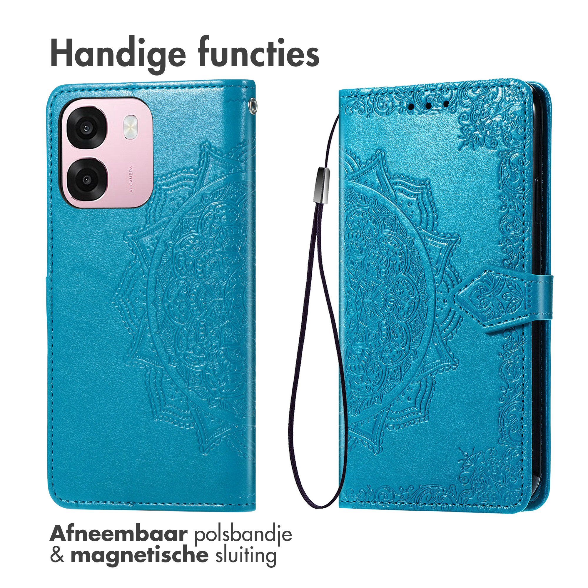 Blauwe telefoonhoes met reliëf mandala, camera-uitsparing en polsband.