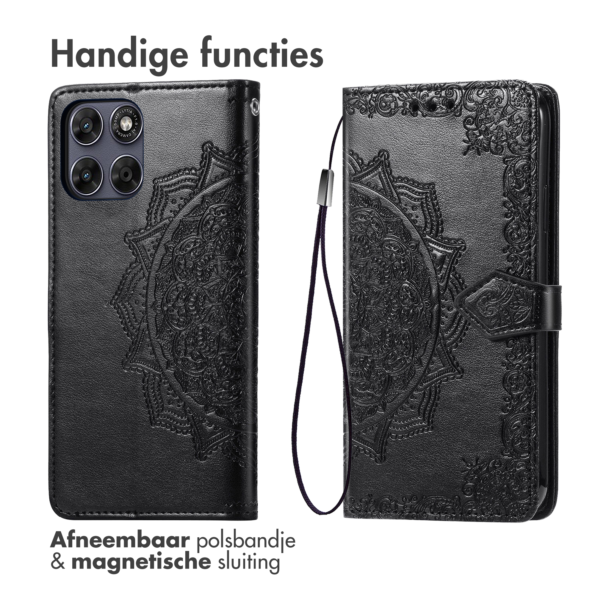Zwarte telefoonhoes met reliëf mandala-ontwerp en afneembaar polsbandje.