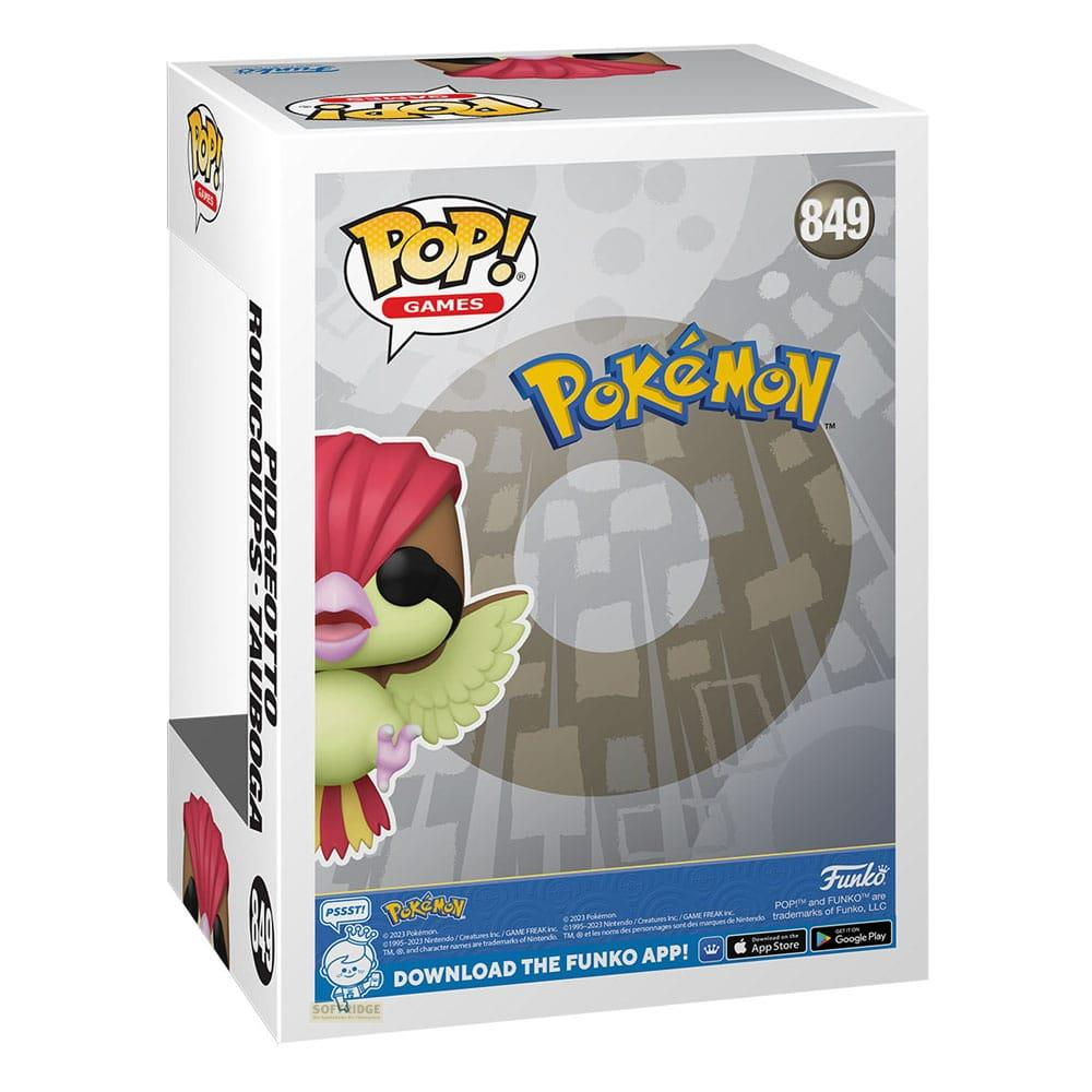 Caja Funko Pop de Pidgeotto de Pokémon, número 849. Presenta arte de Pidgeotto y logo de Pokémon.