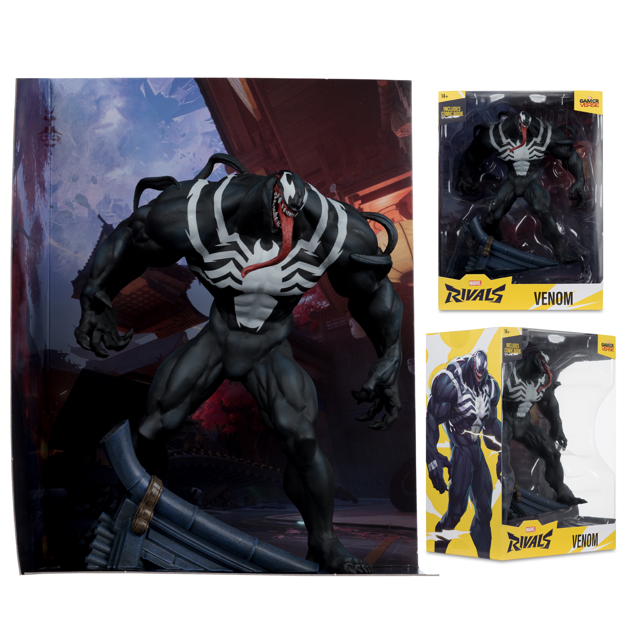 Venom-Actionfigur im Karton, mit Comic-Buch-Symbol. Realistische Darstellung.