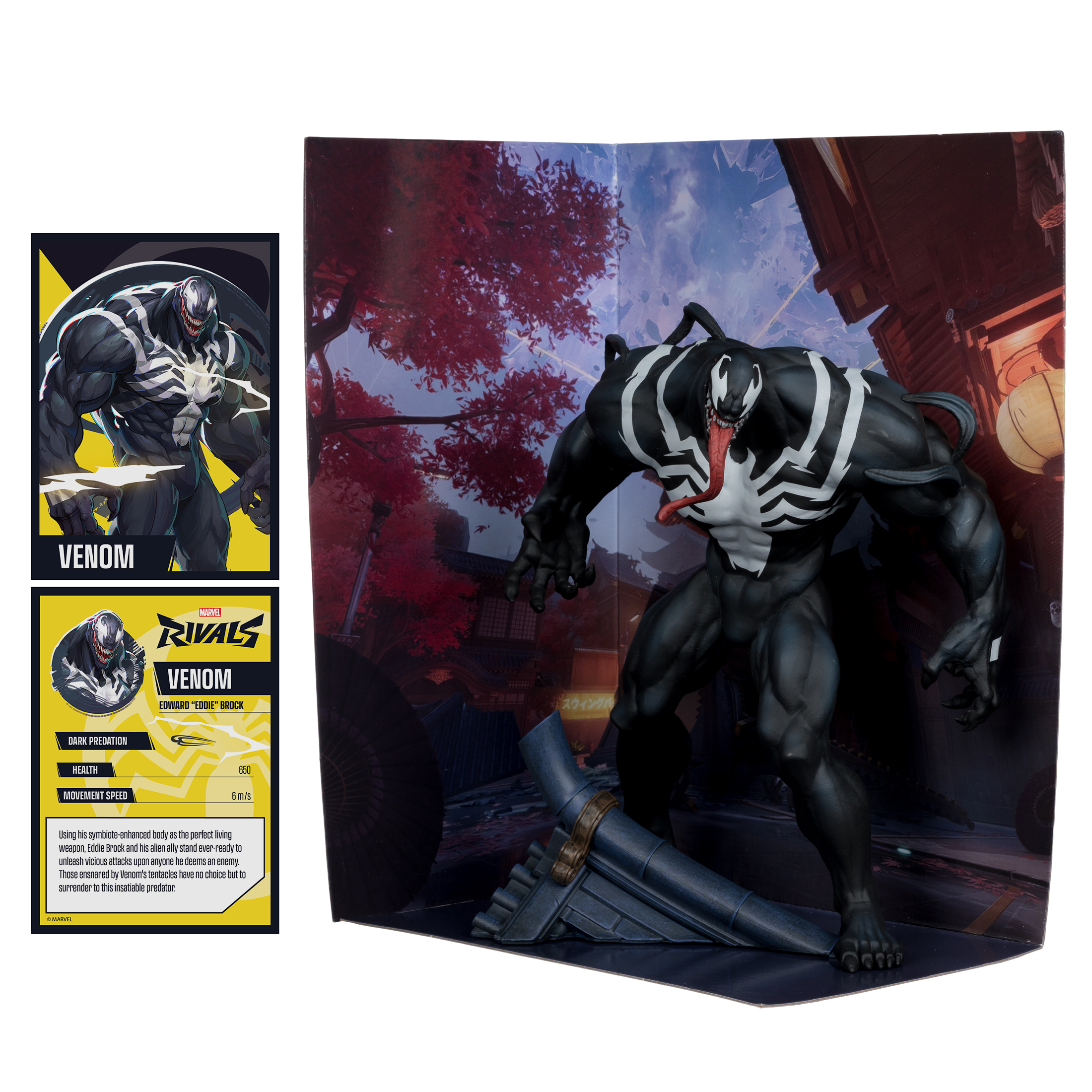 Venom-Figur mit Karte, der auf einem Diorama mit japanischer Architektur steht.