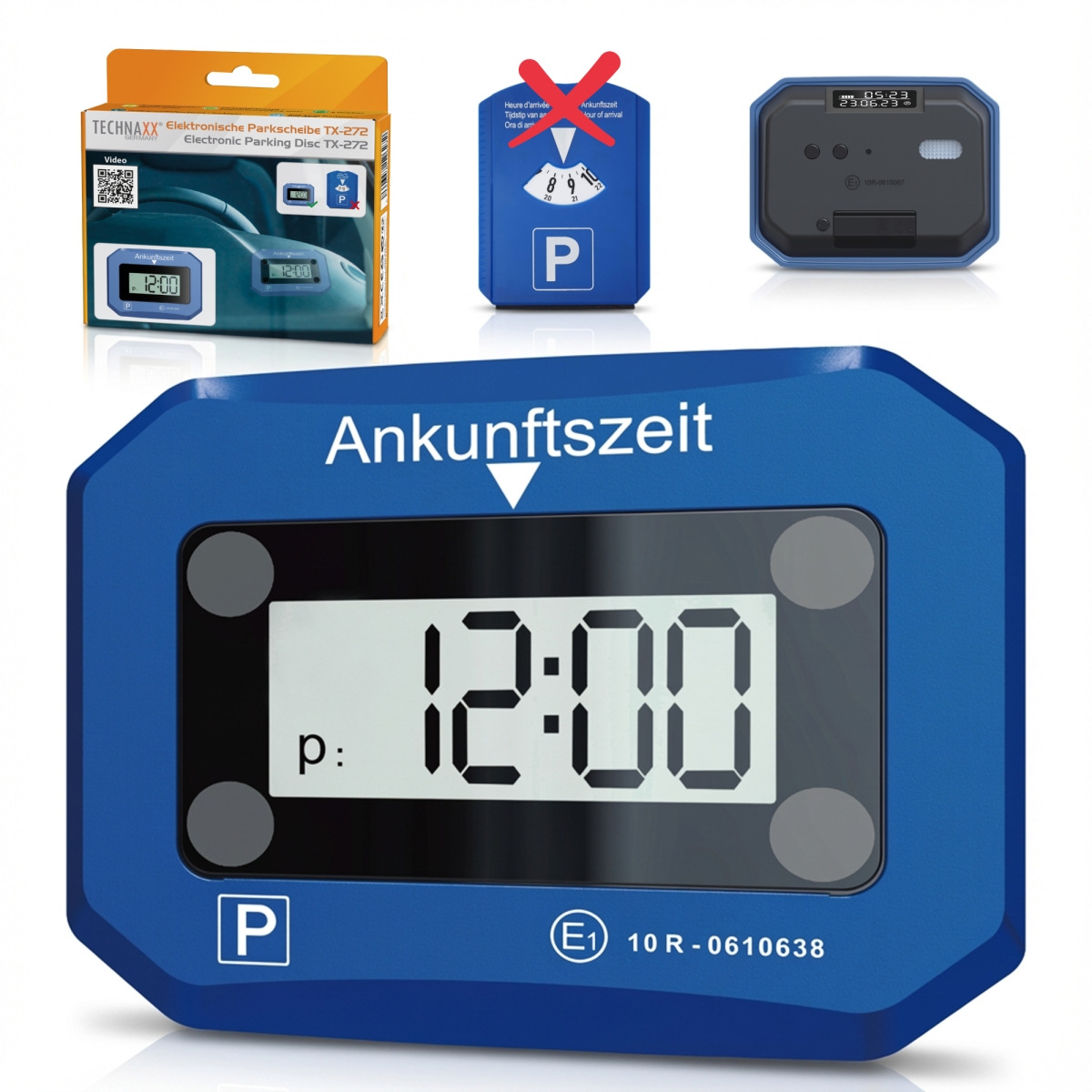 Blaue elektronische Parkscheibe zeigt 12:00 an, mit Verpackung und Zubehör.