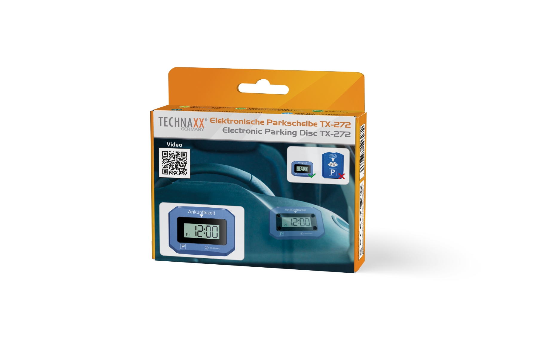 Packung der Technaxx Parkscheibe TX-272 mit QR-Code, Display und Auto-Innenraum.