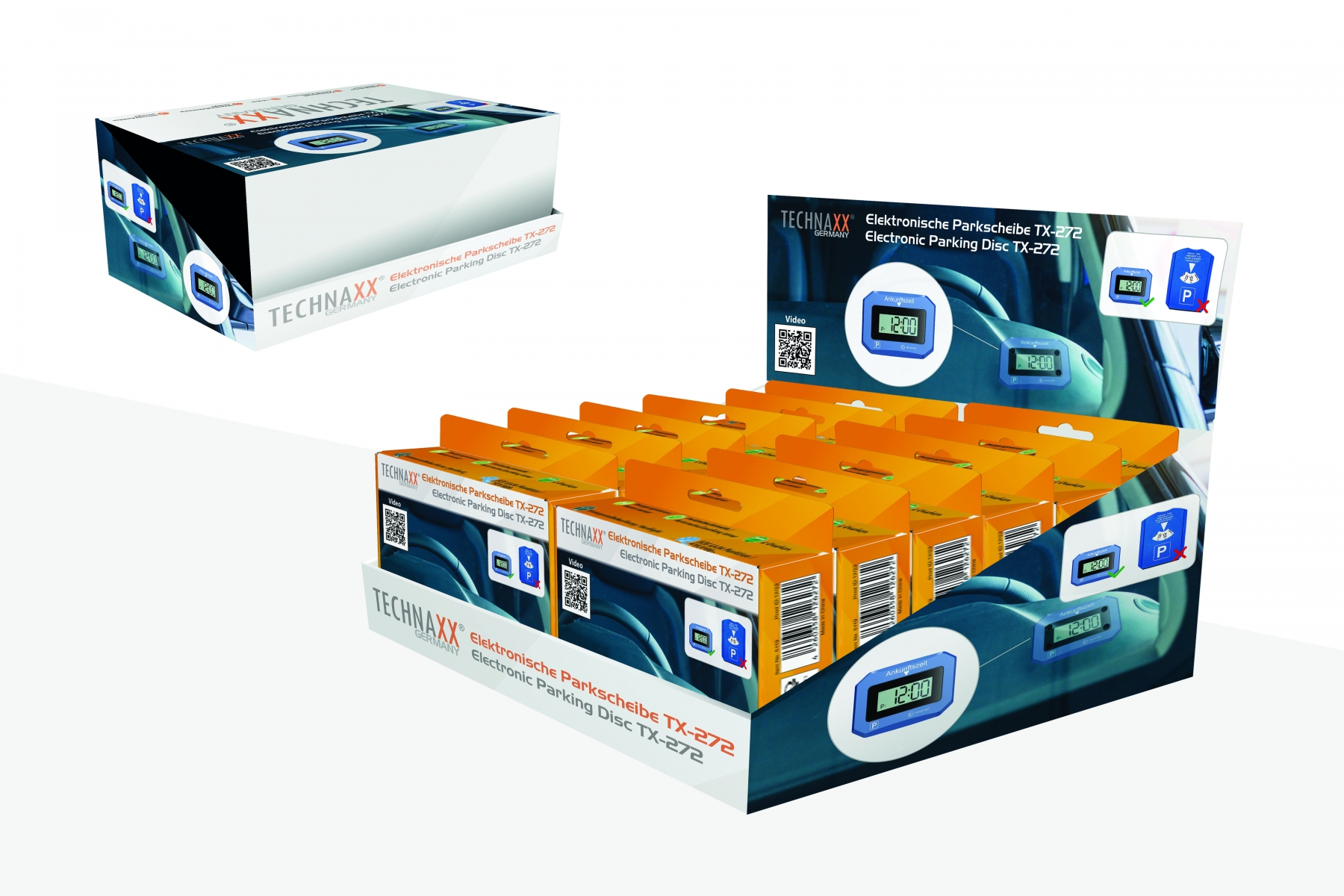 Verpackungen von Parkscheiben in einem Display. Blaue und orangefarbene Kartons.