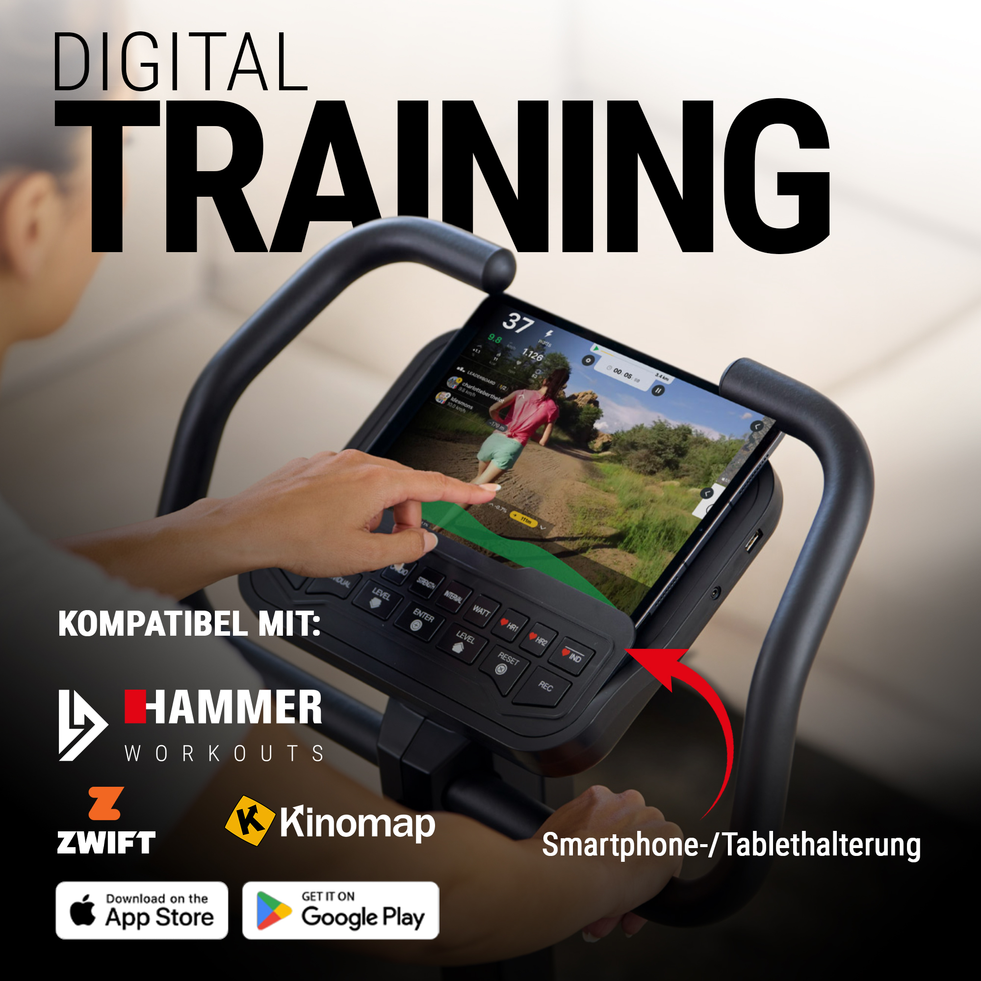 Person trainiert auf Laufband mit Tablet, zeigt virtuelle Laufstrecke.