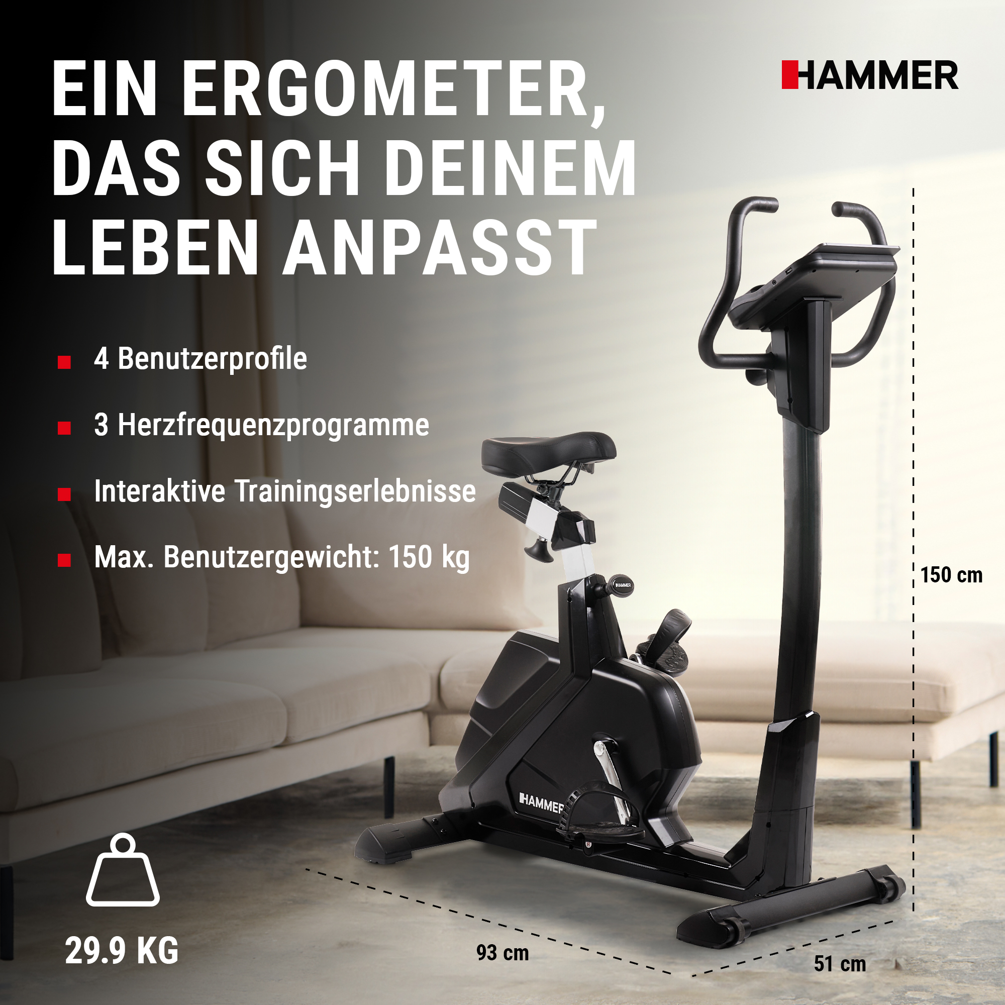 Schwarzes Hammer Ergometer mit Sitz, Lenker und Anzeigen. Maße: 93x51x150 cm. Gewicht: 29,9 kg.