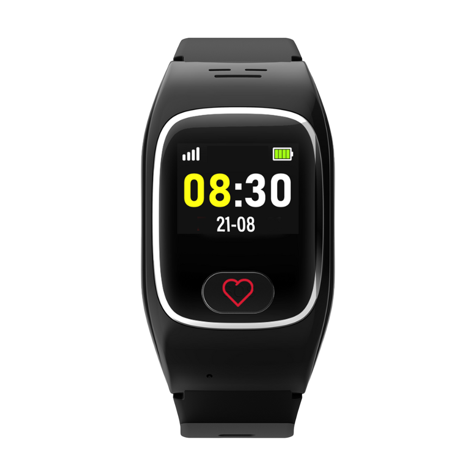 Smartwatch nero mostra 08:30, 21-08, icona cuore e batteria.