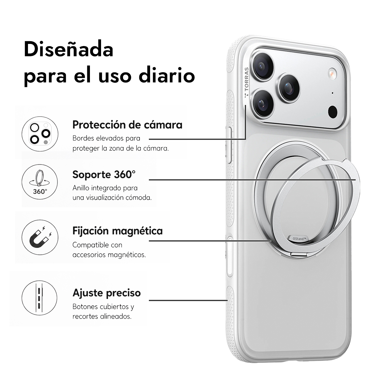 Transparente Handyhülle mit Ständer und Fokus auf Kamera-, Magnet- und präziser Passform.