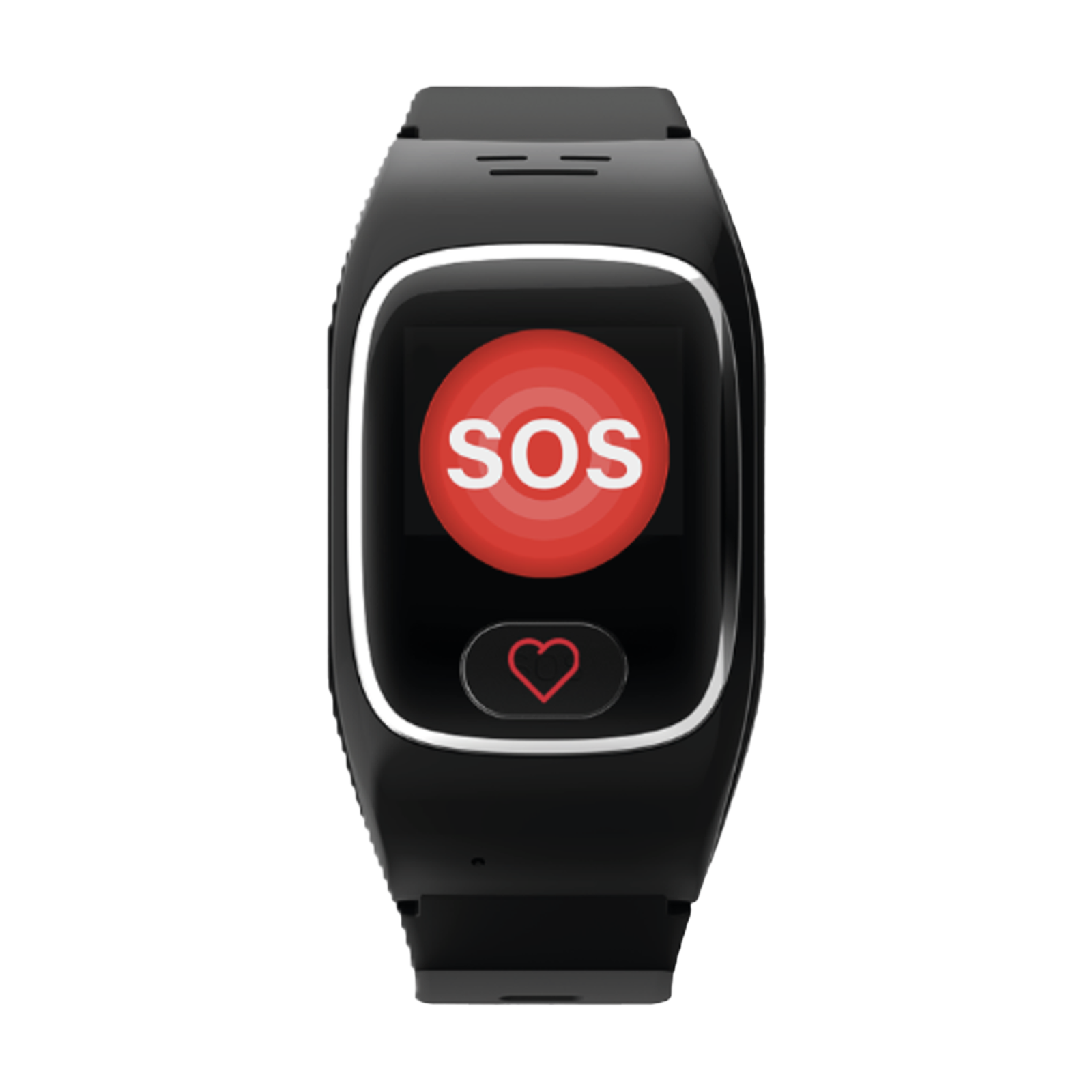 Schwarzes Smartwatch mit SOS und Herzsymbol auf dem Bildschirm.