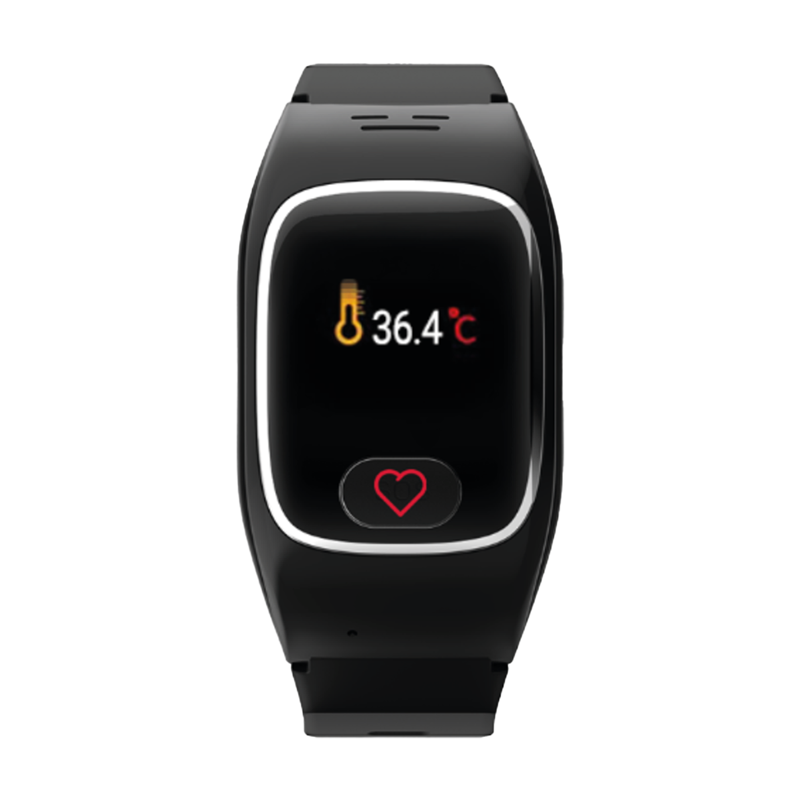 Eine schwarze Smartwatch zeigt 36,4°C und ein Herzsymbol.