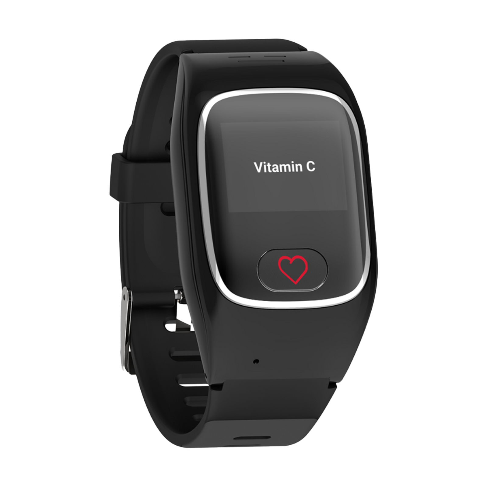 Smartwatch nero con icona a cuore rossa e testo 'Vitamina C'.