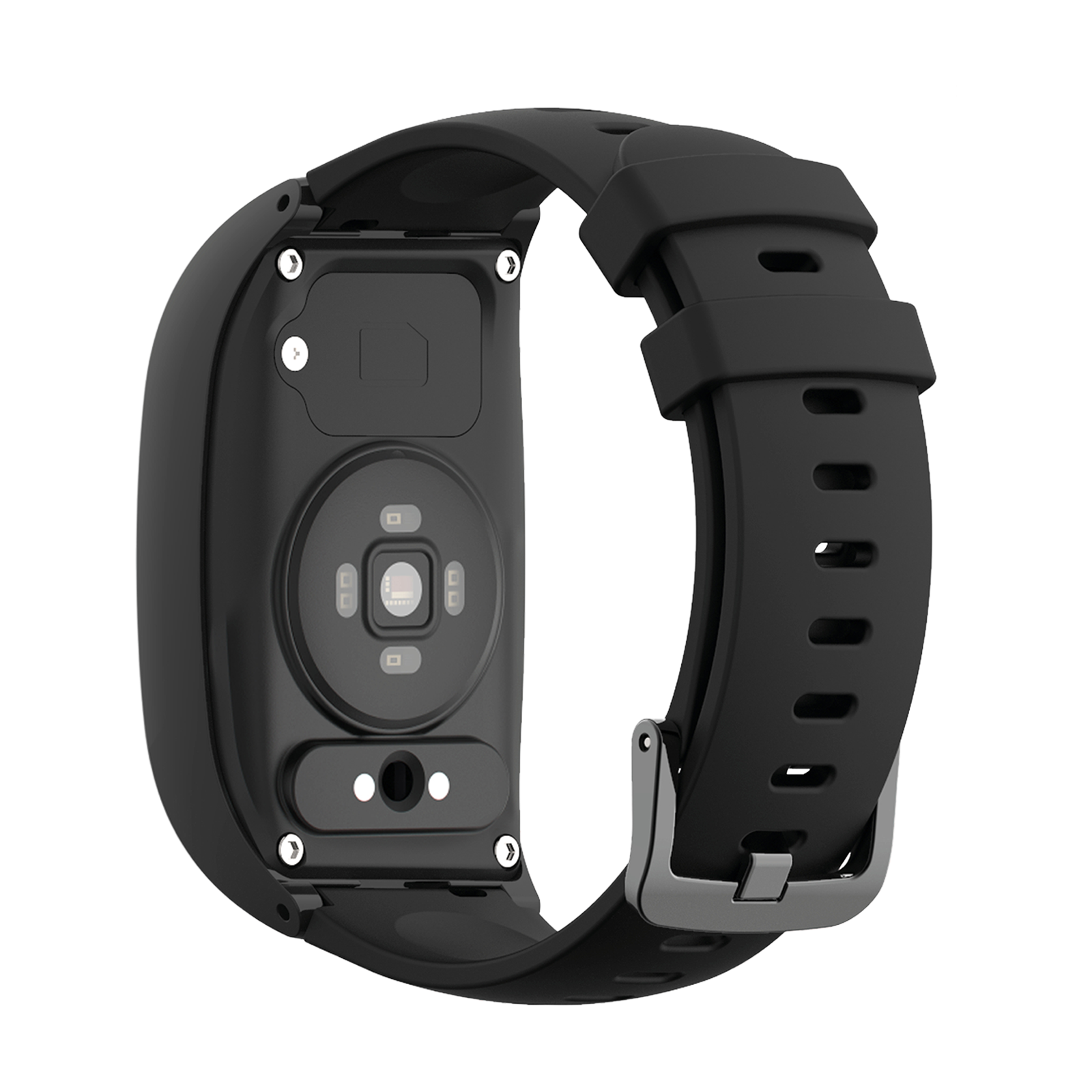 Vista posteriore di uno smartwatch nero con sensore di frequenza cardiaca e slot SIM.