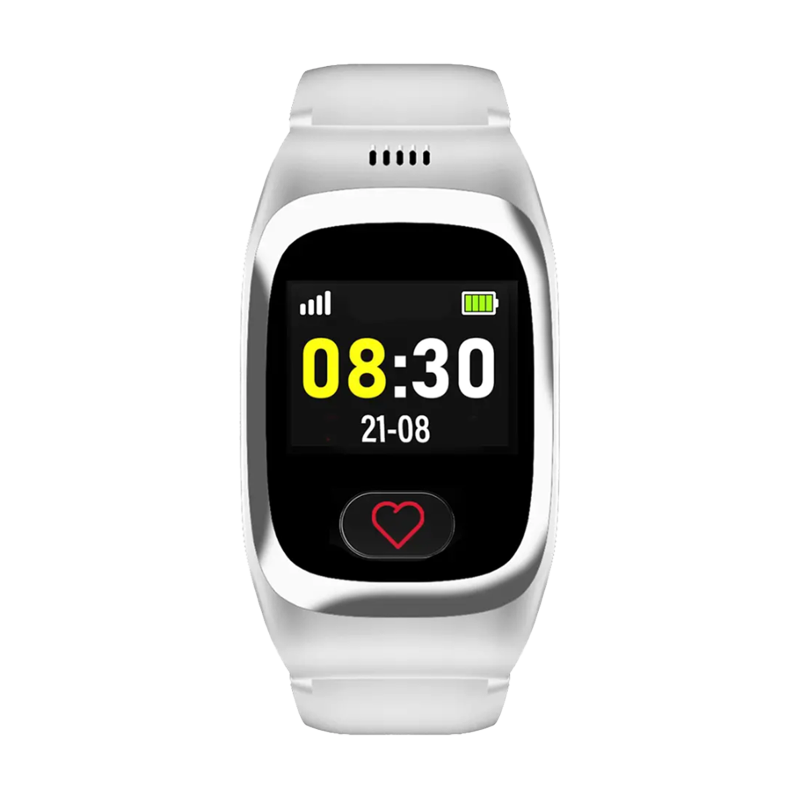 Smartwatch bianco con schermo nero che mostra 08:30 e un'icona a forma di cuore.