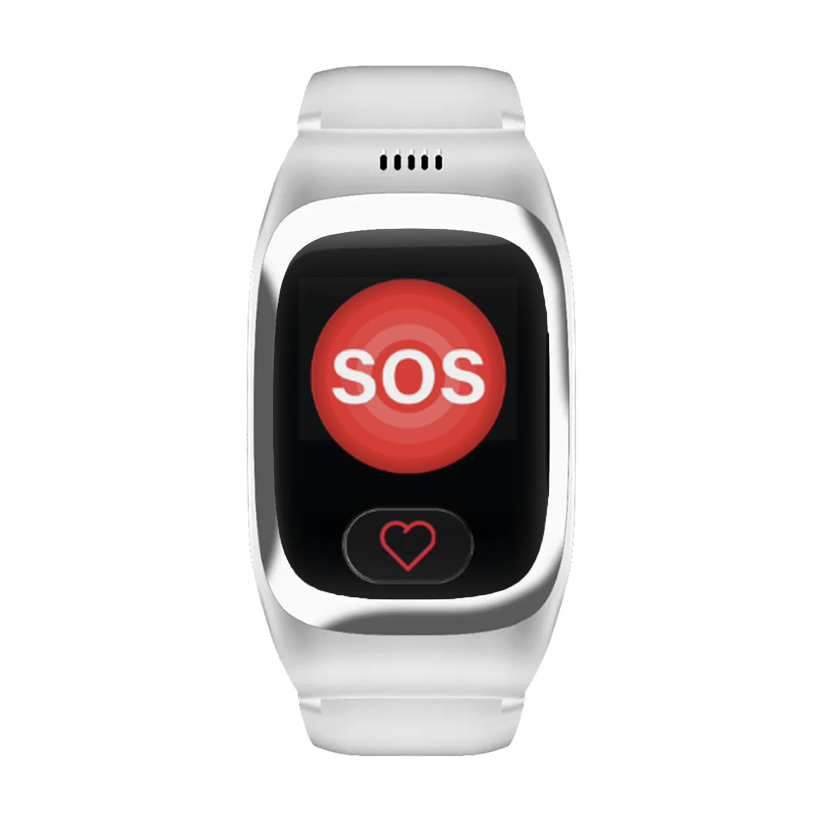 Eine weiße Smartwatch mit SOS-Symbol und Herz-Symbol auf dem Bildschirm.
