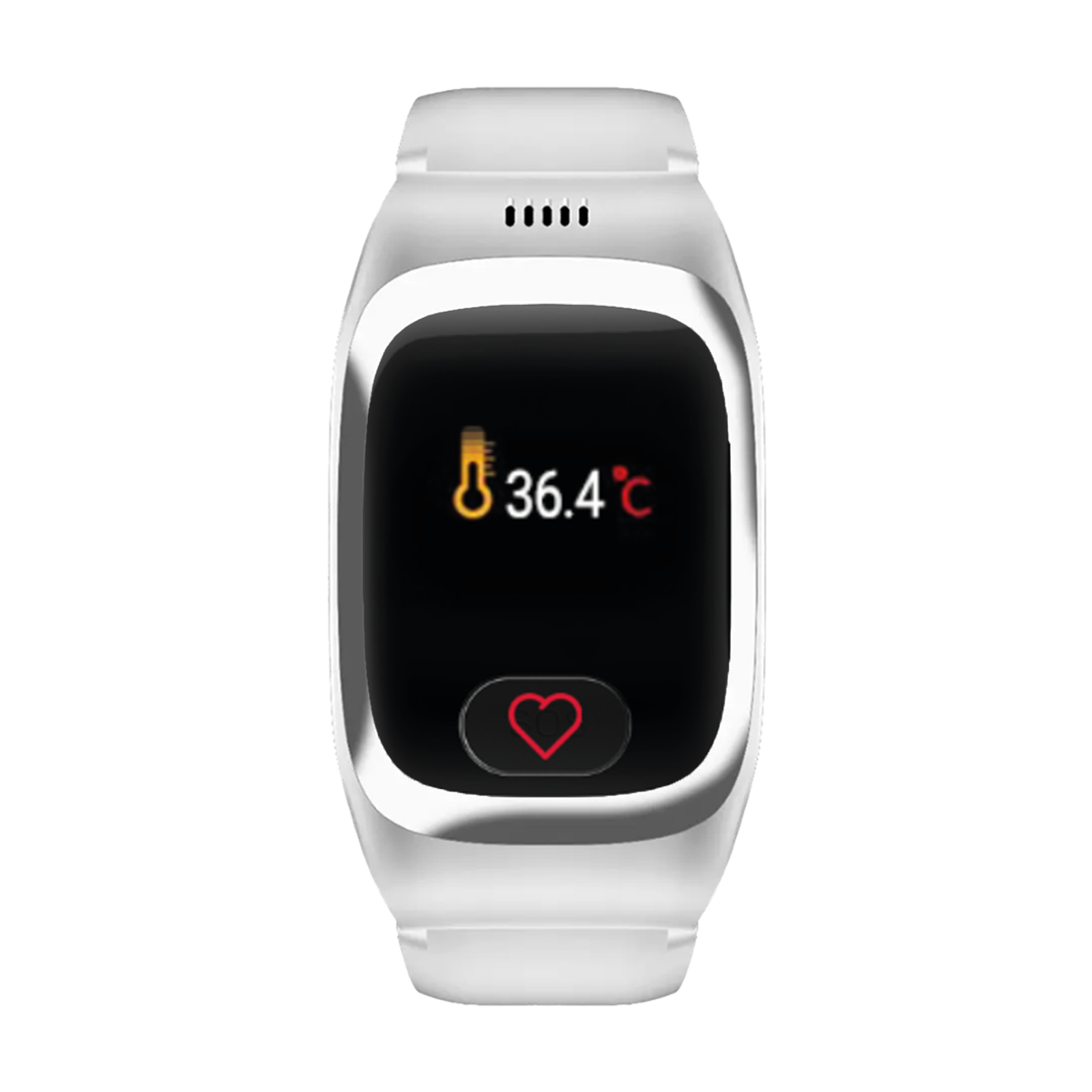 Weiße Smartwatch zeigt 36,4°C und ein Herzsymbol an.