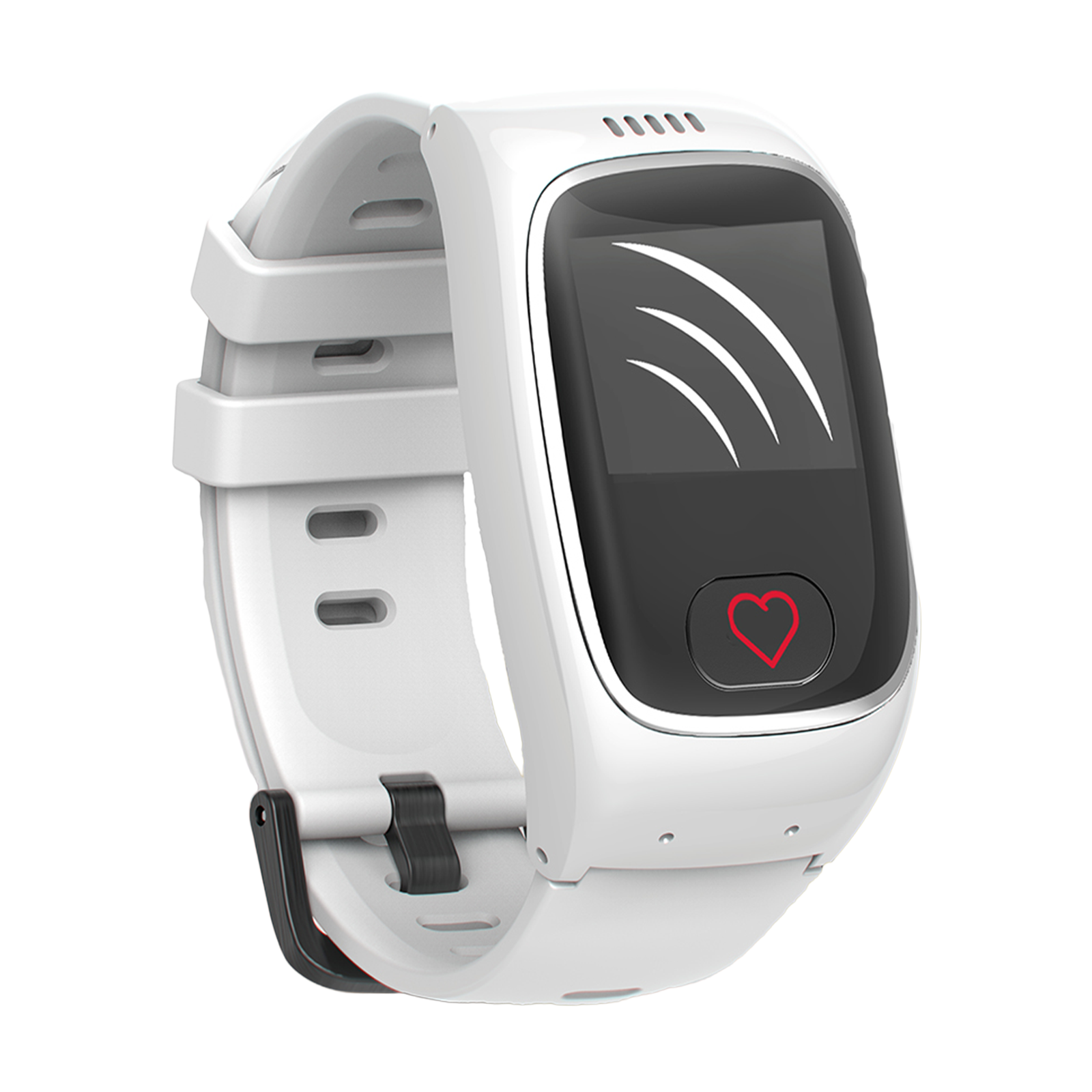Orologio smart bianco con simbolo di cuore e onde su schermo scuro.