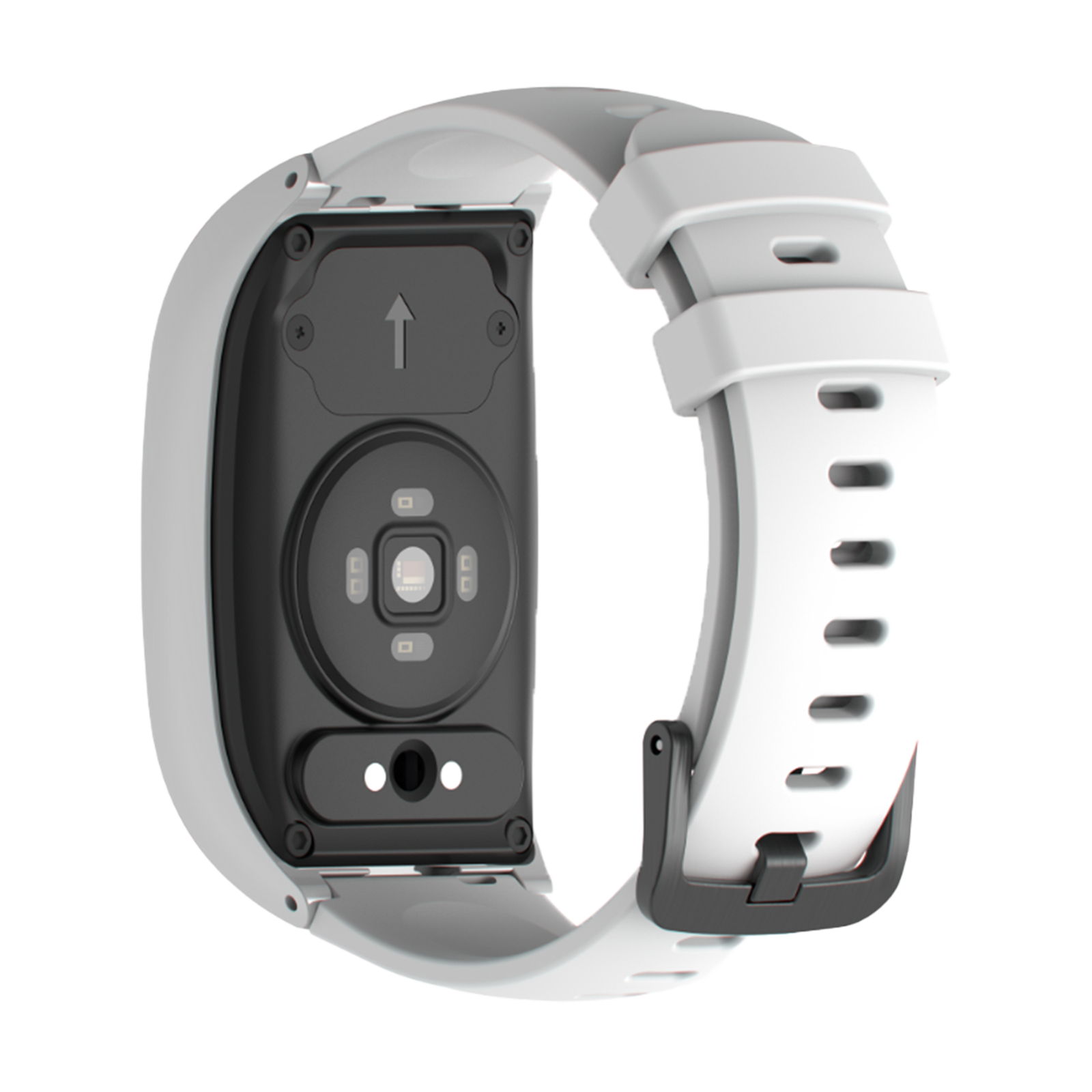 Retro di un fitness tracker bianco con sensore di frequenza cardiaca e contatti di ricarica.