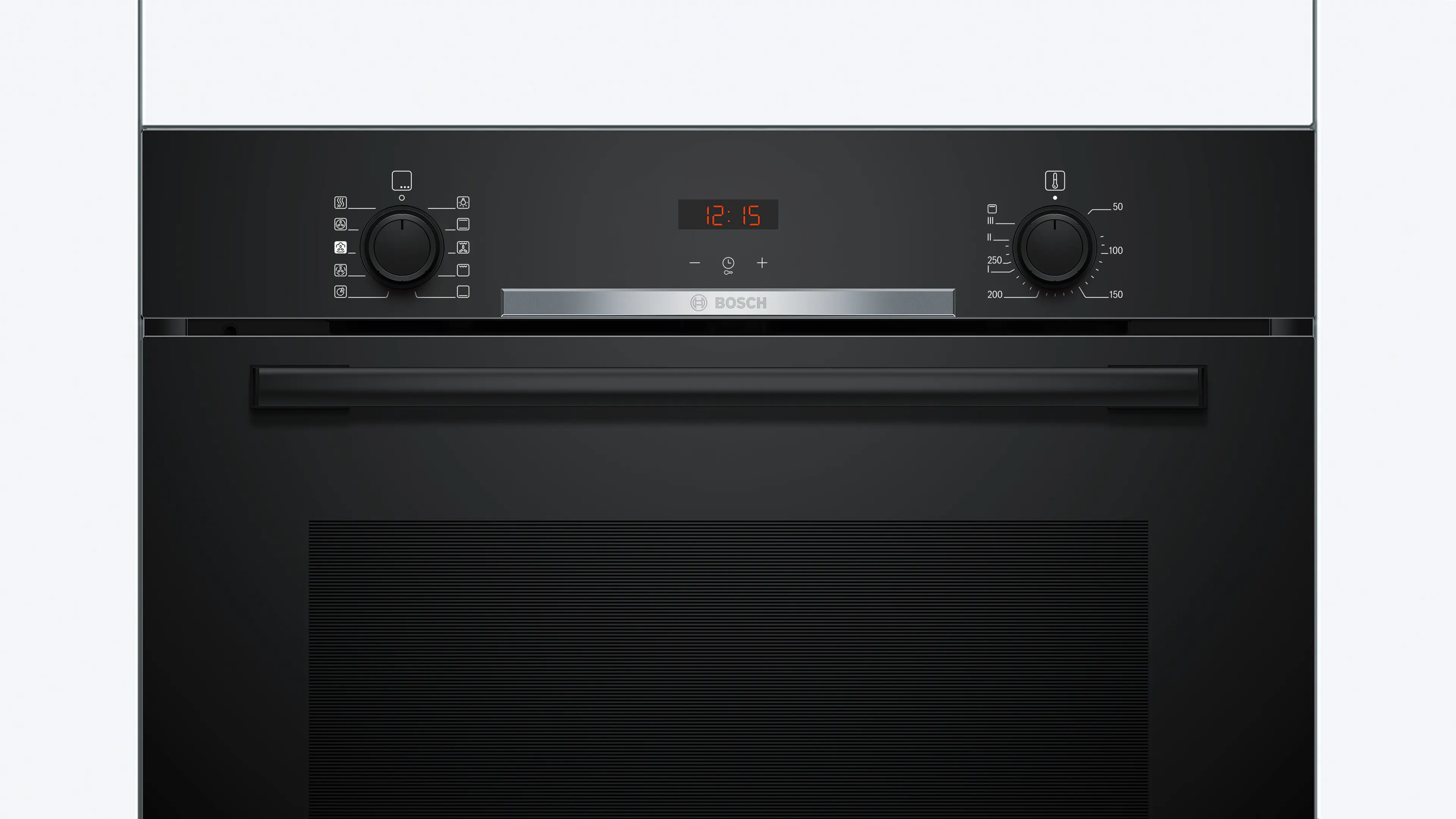 Forno nero moderno con display digitale dell'ora e manopole.