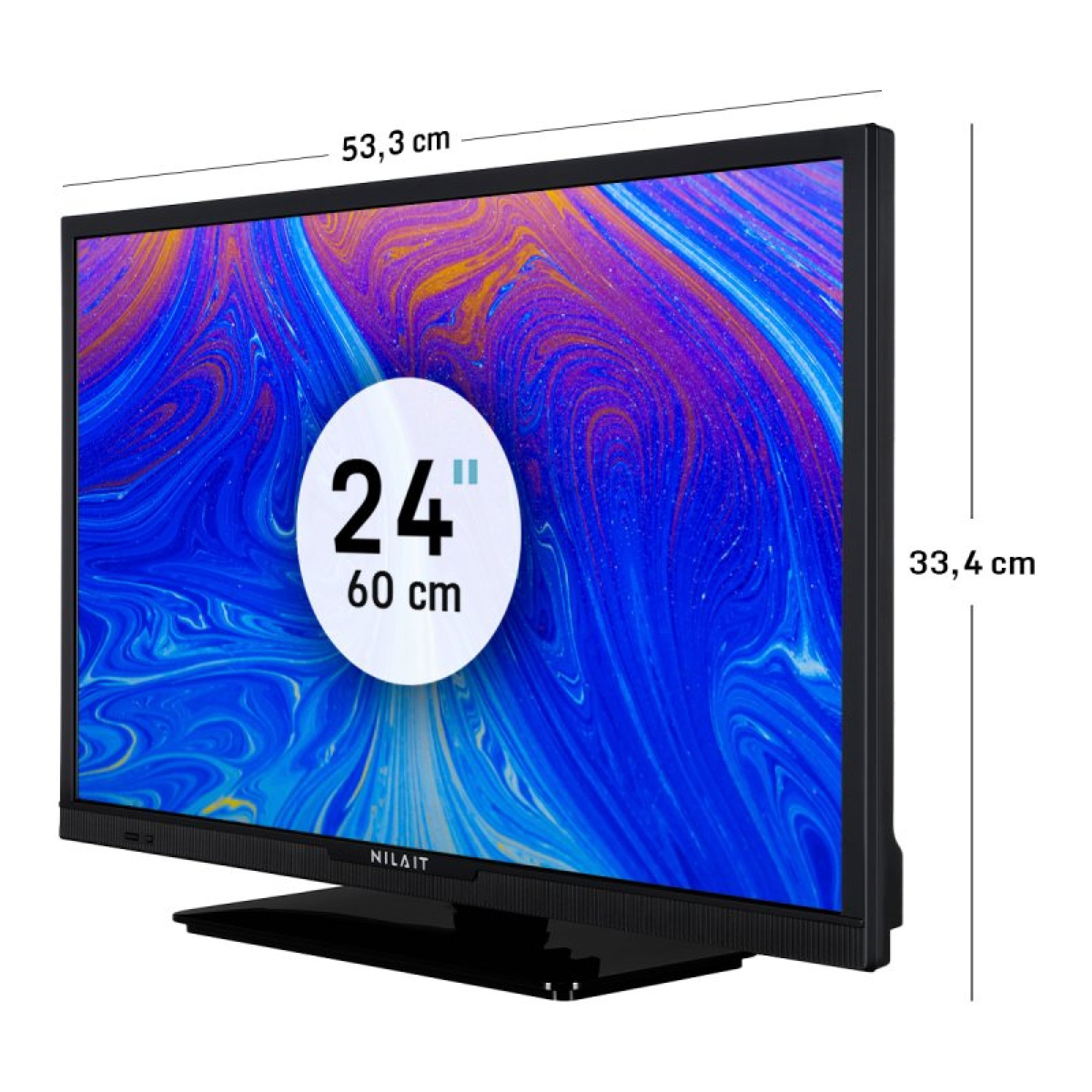 Un televisore nero con display astratto blu e viola.