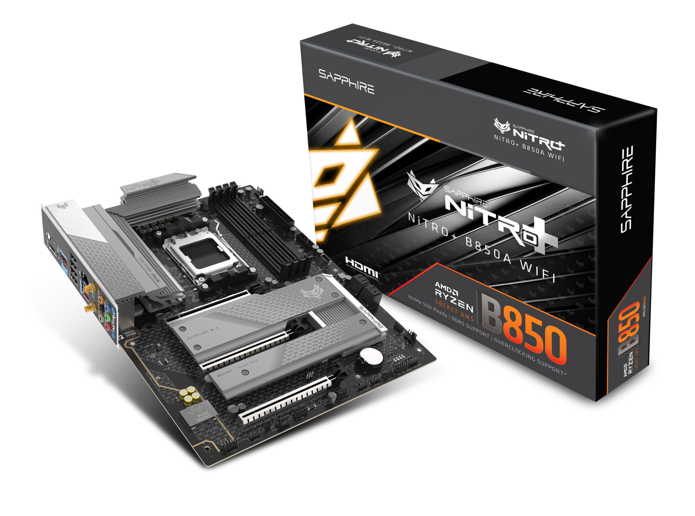 Płyta główna Sapphire Nitro+ B850A WIFI i jej pudełko na białym tle.