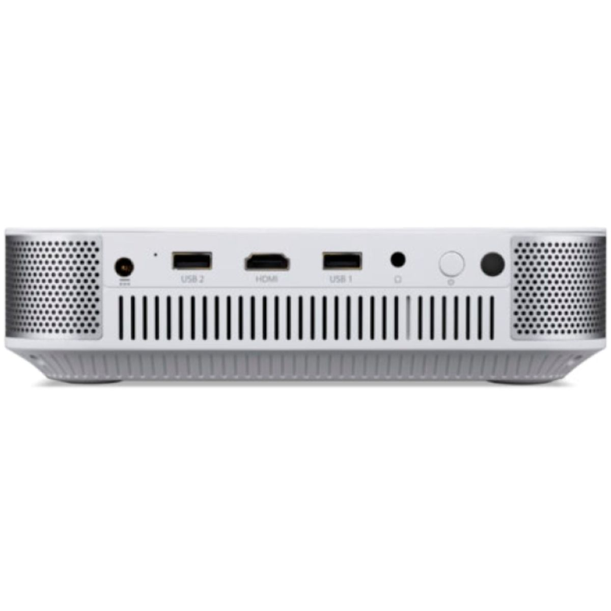 Weiße rechteckige Projektoreinheit mit Anschlüssen: Strom, USB 2, HDMI, USB 1, Klinkenbuchse, Knopf.