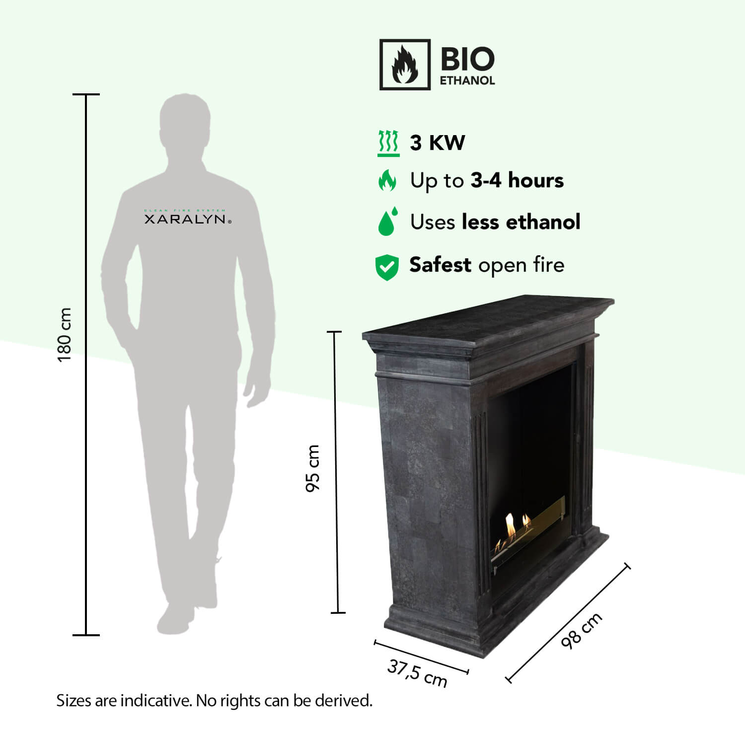 Een man staat naast een zwarte bio-ethanol haard. Afmetingen worden getoond.