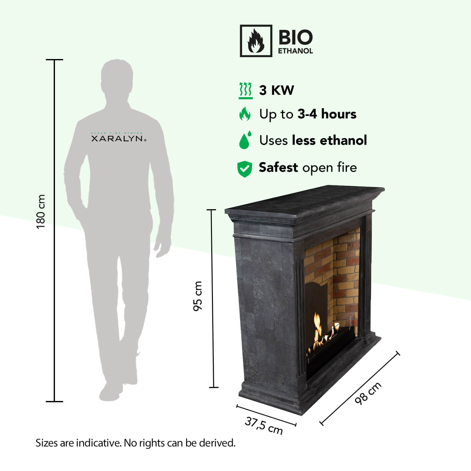 Een persoon naast een bio-ethanol haard. Afmetingen worden weergegeven.