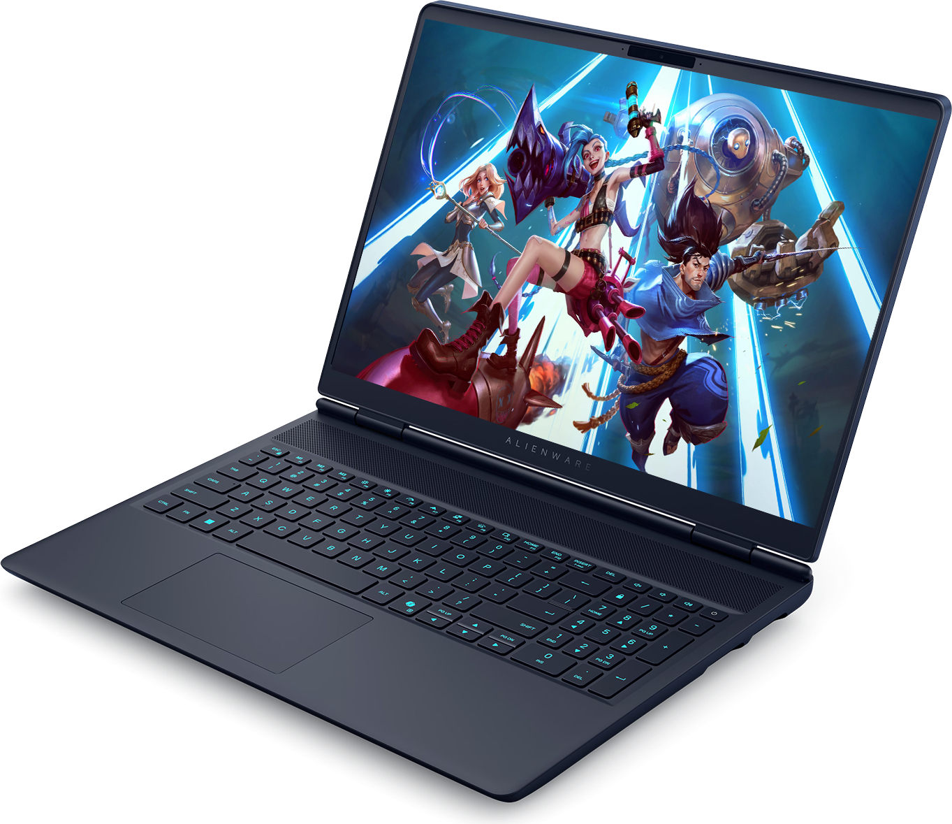 Alienware dizüstü bilgisayar, animasyonlu karakterler ve robot içeren canlı bir video oyunu sahnesini gösteriyor.
