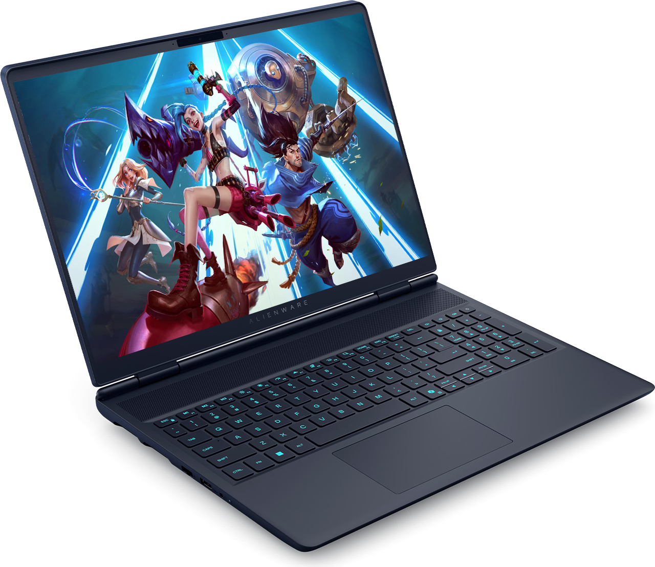 Alienware dizüstü bilgisayar, mavi arka plana karşı renkli karakterlerle bir oyun gösteriyor.