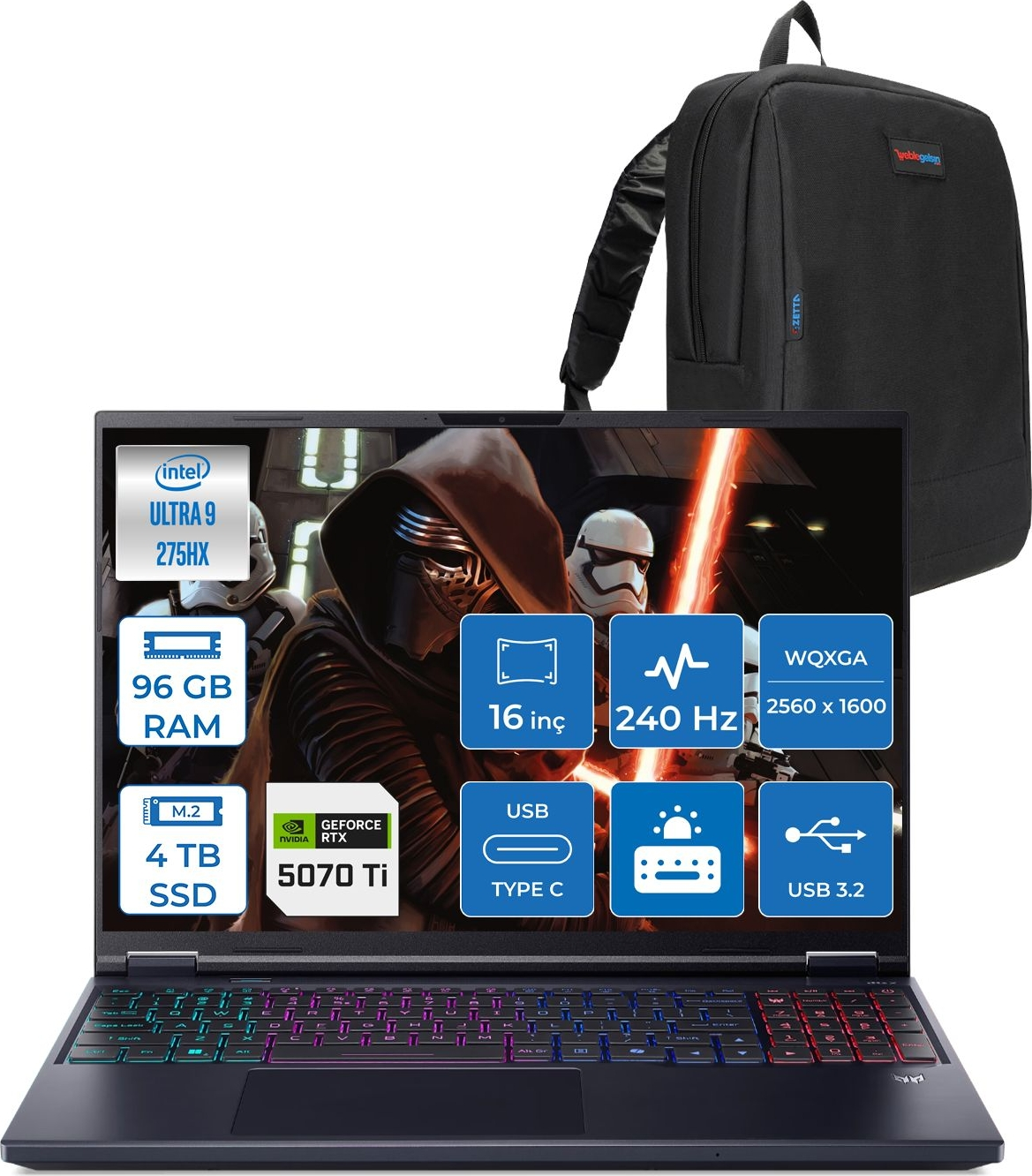 Star Wars ekranlı ve sırt çantalı siyah dizüstü bilgisayar. Özellikler: Intel Ultra 9, 96 GB RAM, 4 TB SSD, RTX 5070 Ti.