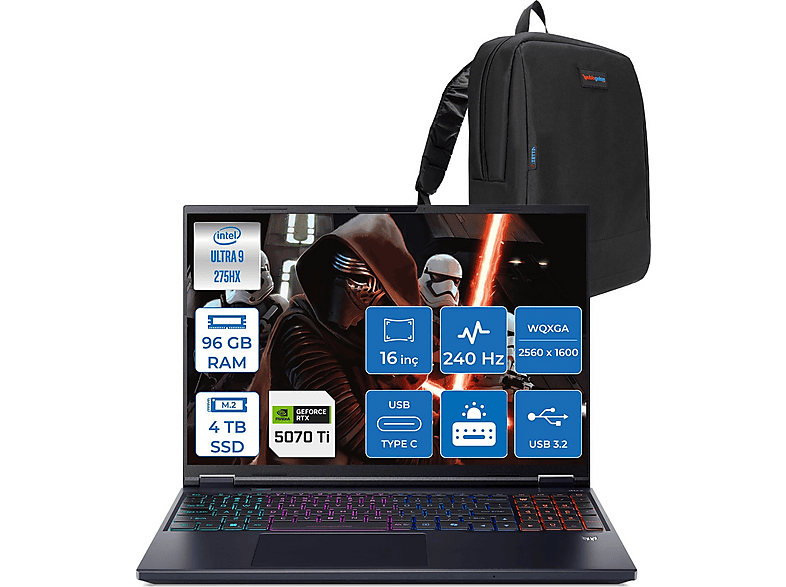 ACER Predator Helıos Neo 16 12 GB RTX5070TI 170W NHQX2EY002F30 Intel Core Ultra 9 275HX 96 GB RAM 4 TB SSD 16 inç FreeDOS Laptop+Çanta Siyah