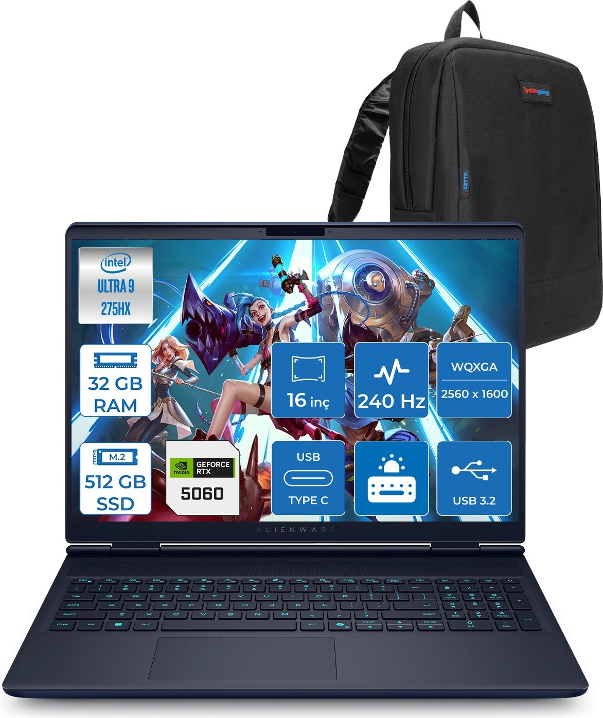 Intel Ultra 9, 32GB RAM, 512GB SSD, RTX 5060, 240Hz Alienware dizüstü bilgisayar.