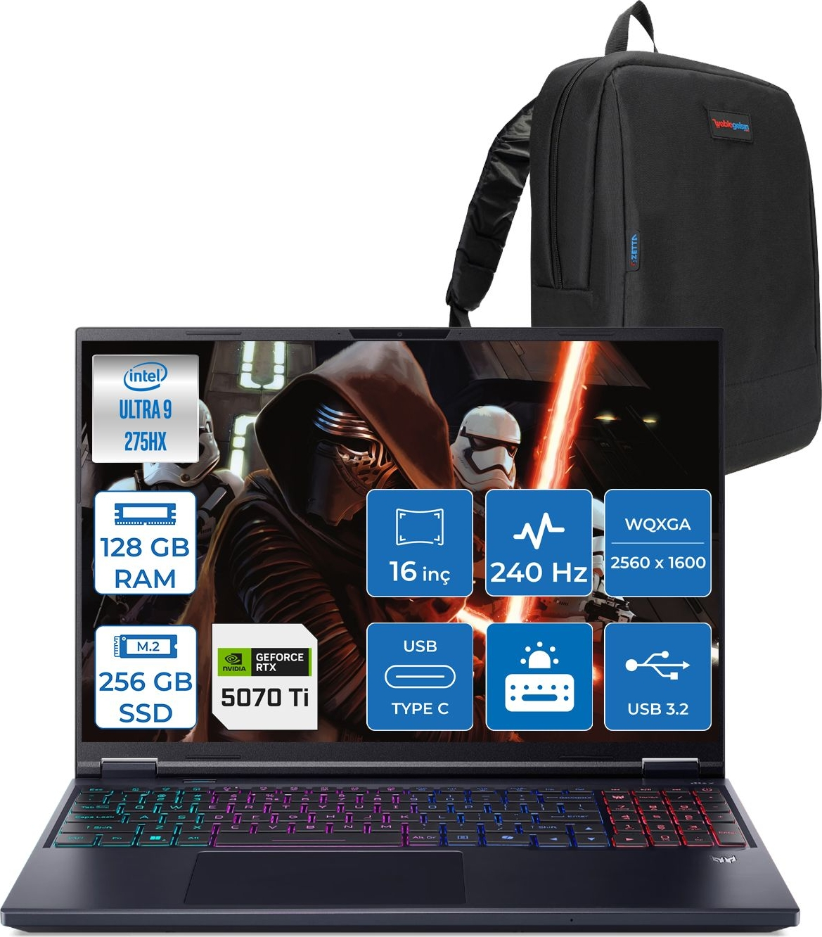 Siyah sırt çantası ve Star Wars duvar kağıtlı dizüstü bilgisayar, 128 GB RAM, 256 GB SSD, RTX 5070 Ti.