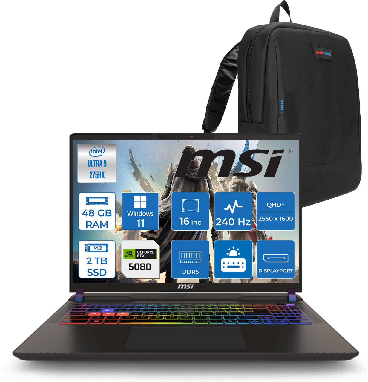 MSI oyun dizüstü bilgisayarı: Intel Ultra 9, 48 GB RAM, 2 TB SSD, RTX 5080 ve sırt çantası.
