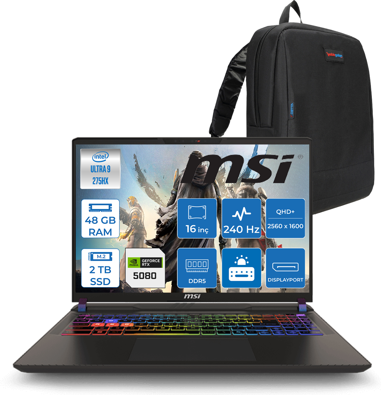 Intel Ultra 9, 48 GB RAM, 2 TB SSD ve RTX 5080 özellikli MSI oyuncu dizüstü.