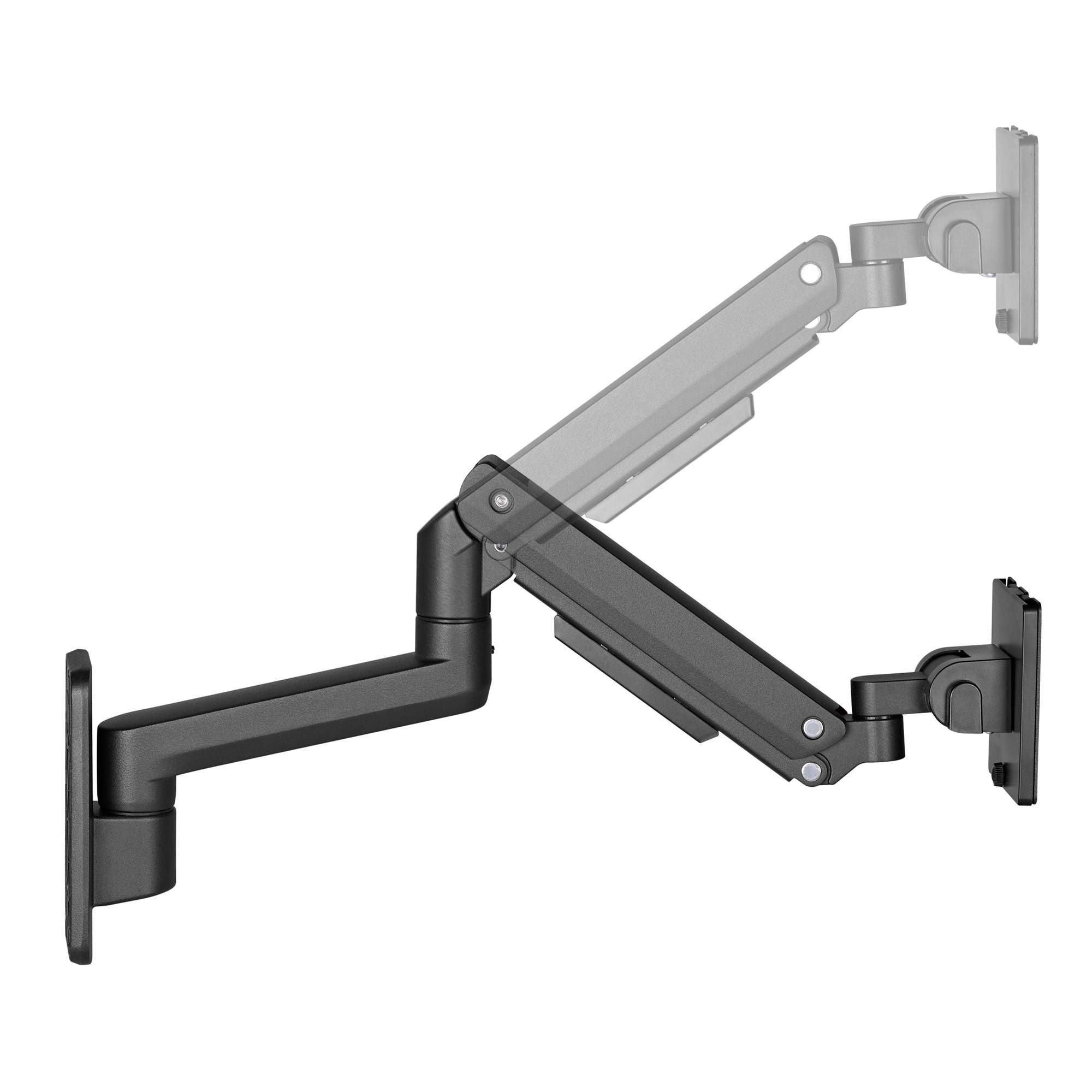 Ein schwarzer Monitorarm aus Metall mit zwei Gelenkarmen, montiert an einer Wandplatte.