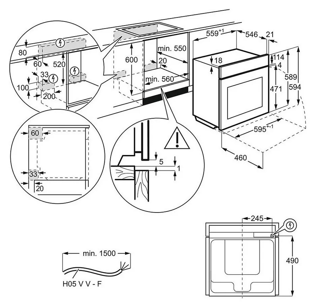 Disegno tecnico di un forno da incasso con dimensioni e dettagli di installazione.