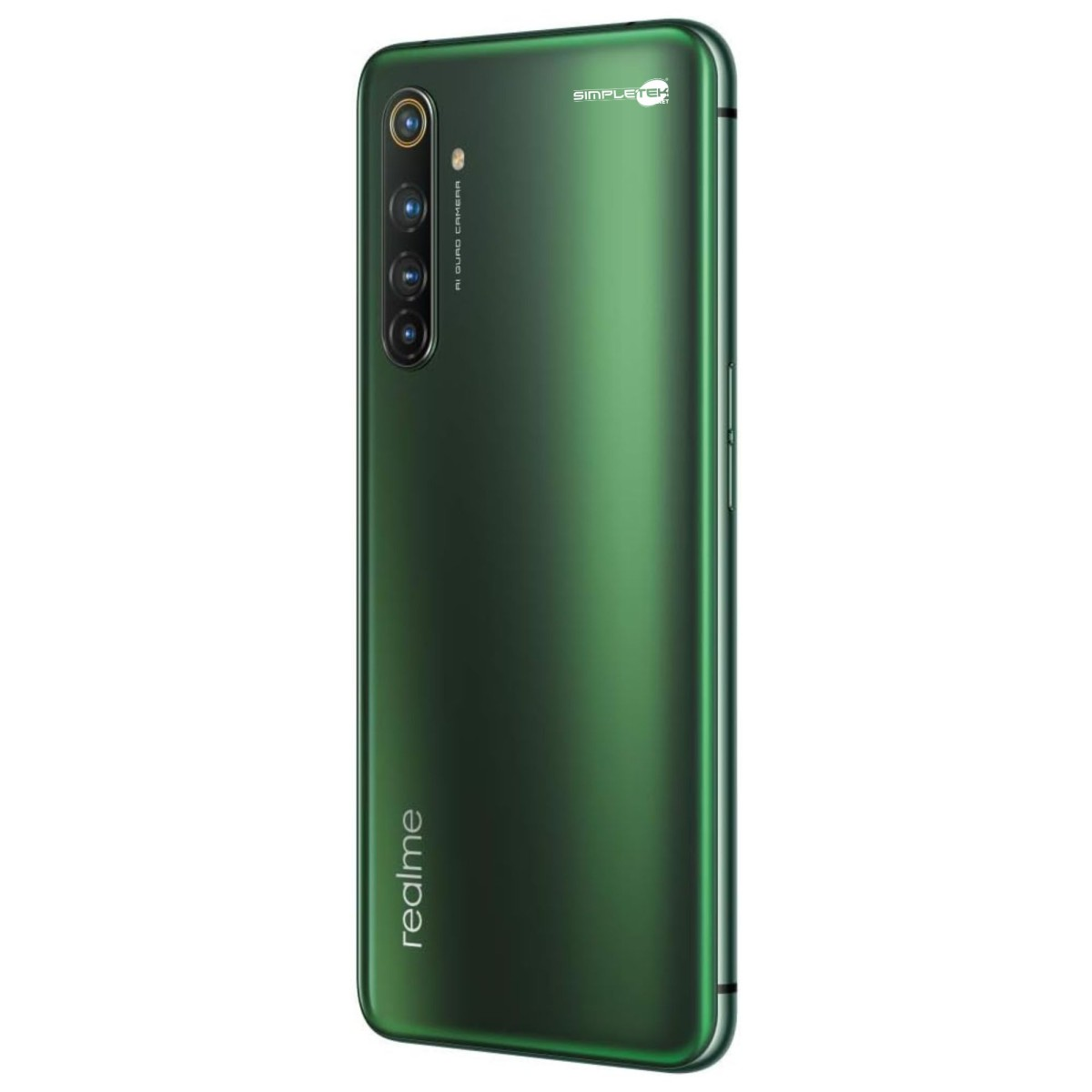 Retro di uno smartphone verde con quattro fotocamere e logo Realme.
