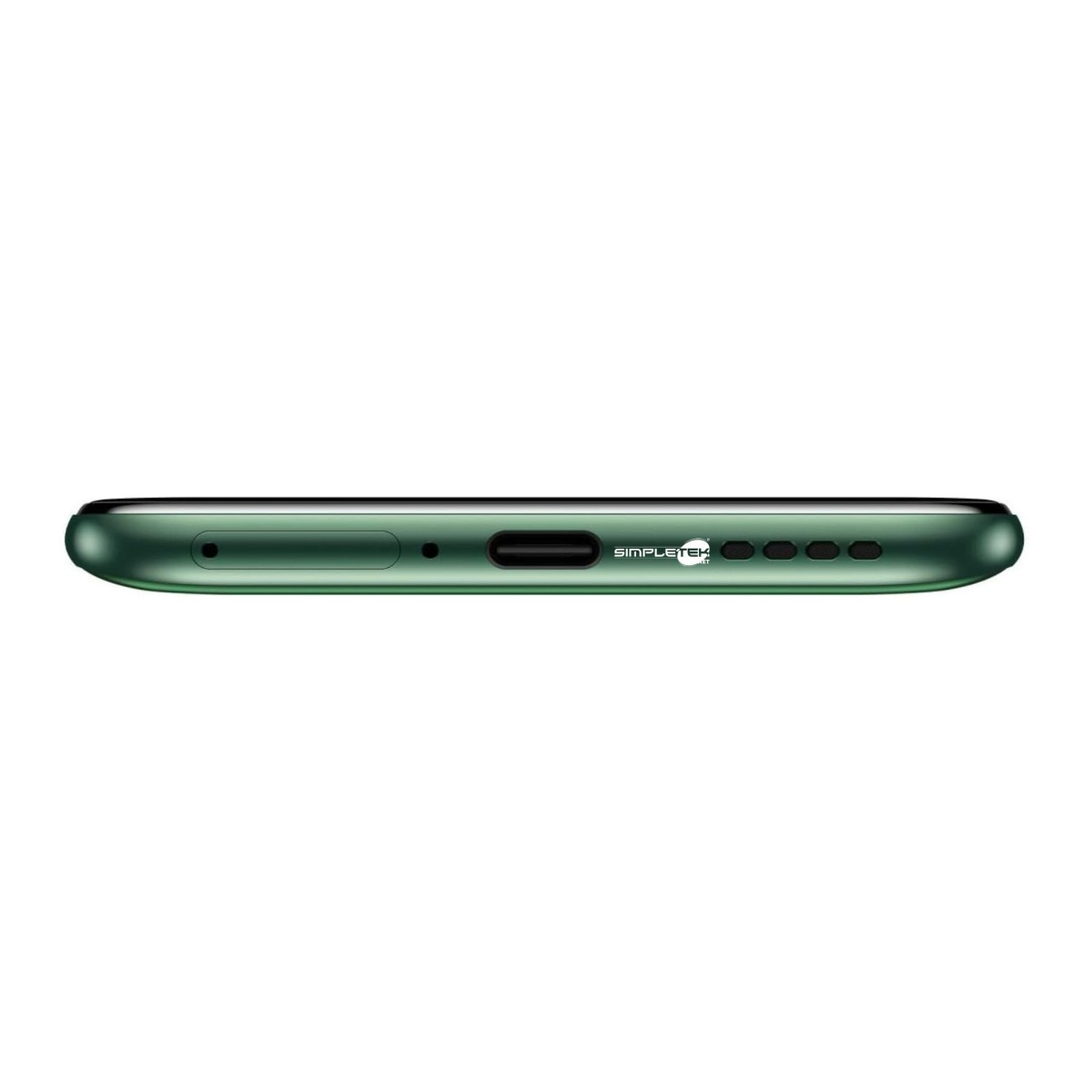 Smartphone verde con porta di ricarica, griglie altoparlanti e logo.