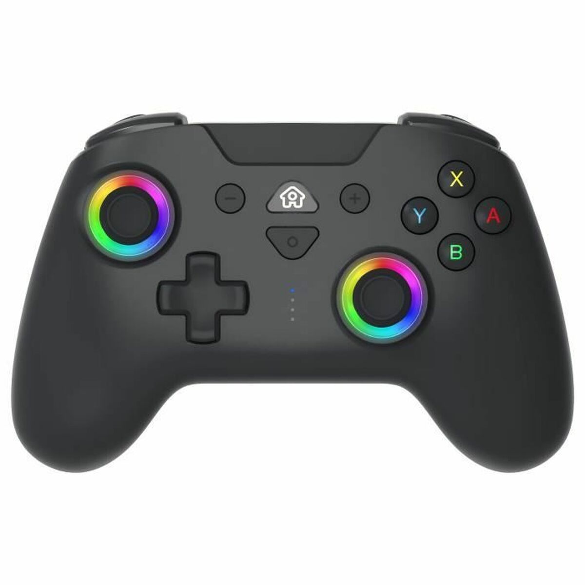 Un controller di gioco nero con luci colorate attorno agli analogici.