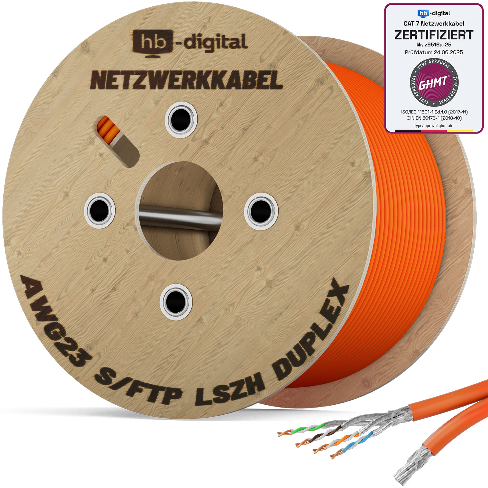 Ein großer Kabeltrommel mit orangefarbenem Netzwerkkabel, AWG23 S/FTP LSZH DUPLEX.