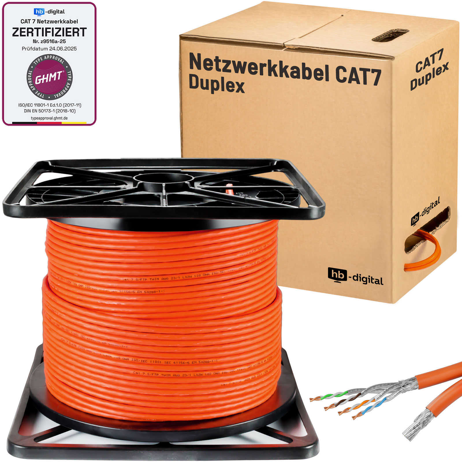 Netzwerkkabel CAT7 auf Spule mit Karton und Steckerenden.