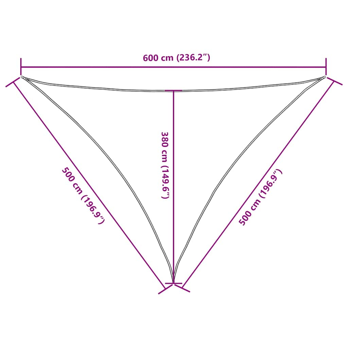 Dreieckiges Sonnensegel mit Maßen: 600 cm, 500 cm, 380 cm.
