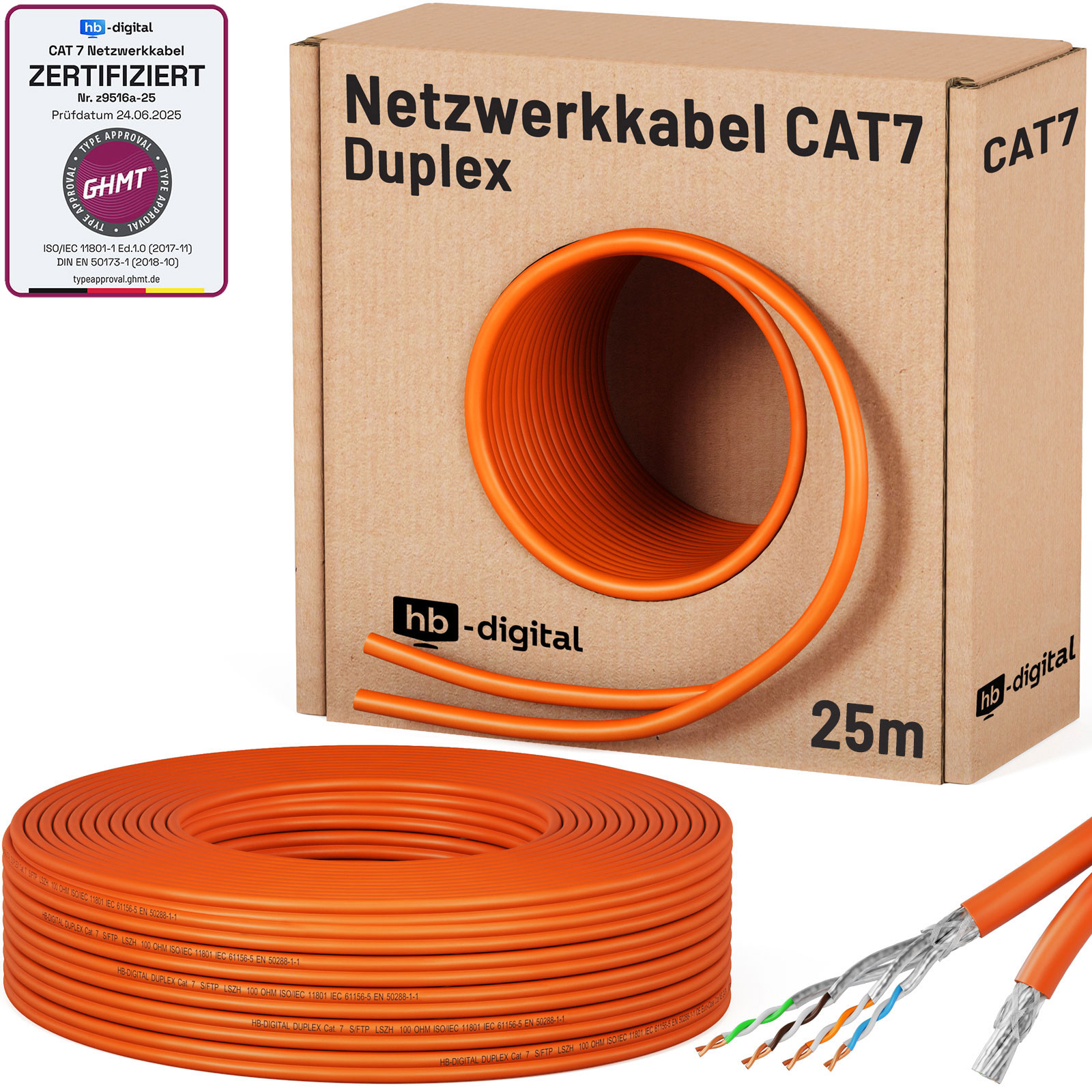 Orange CAT7 Duplex Netzwerkkabel aufgerollt und in Kartonage, 25m.