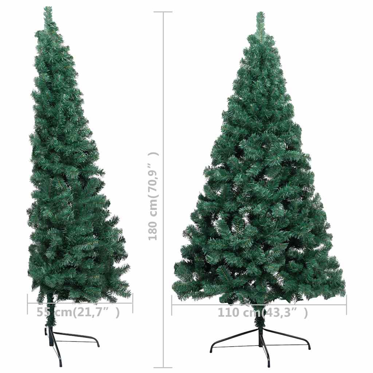 Zwei grüne künstliche Weihnachtsbäume, einer schmal, einer breit, mit Maßen.