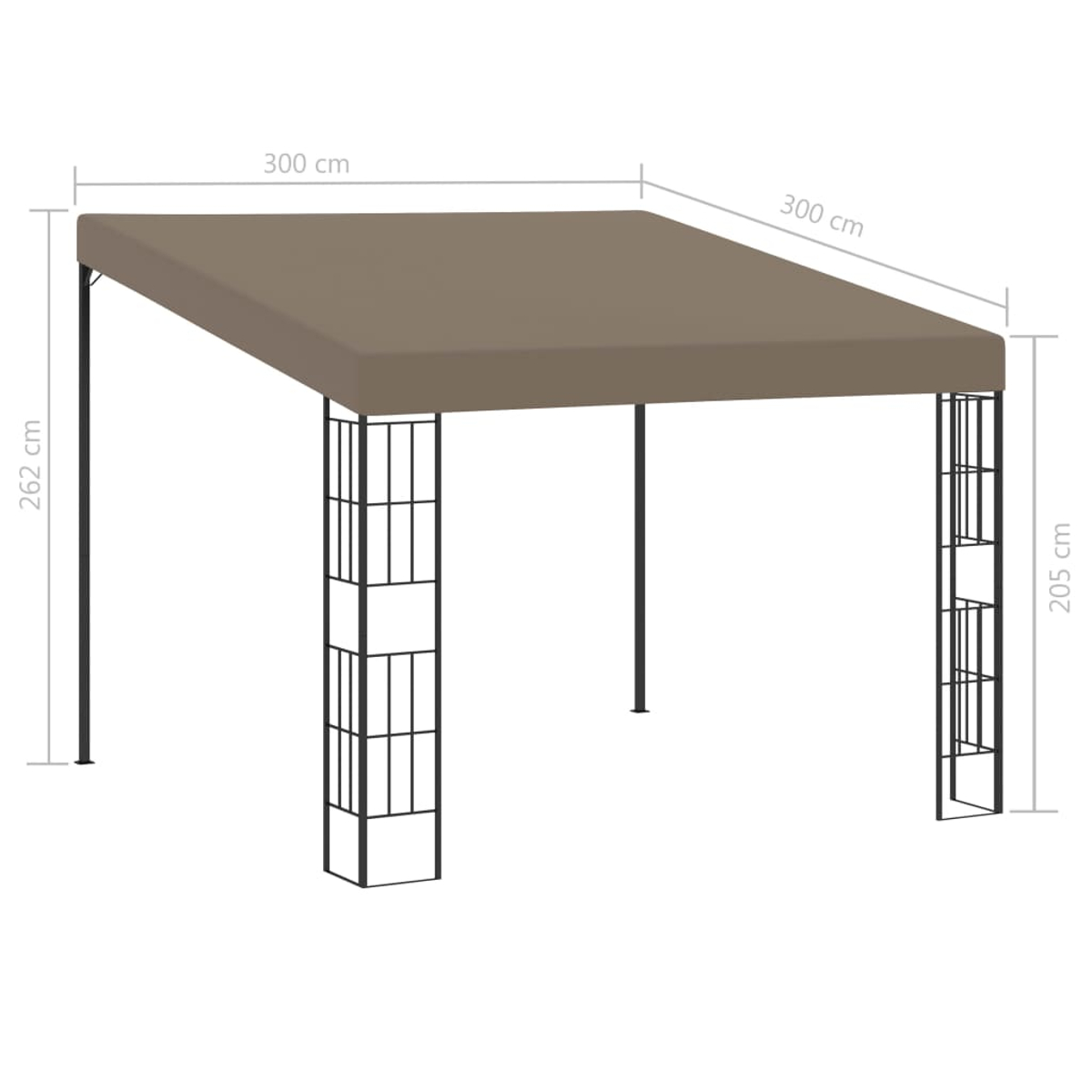 Ein brauner Pavillon mit schwarzen Metallbeinen und Maßangaben.