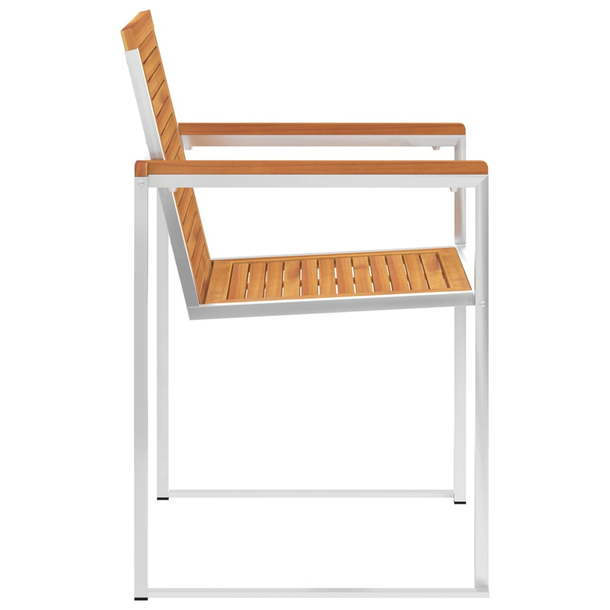 Eine Holz- und Metallarmlehne mit weißem Rahmen von der Seite.